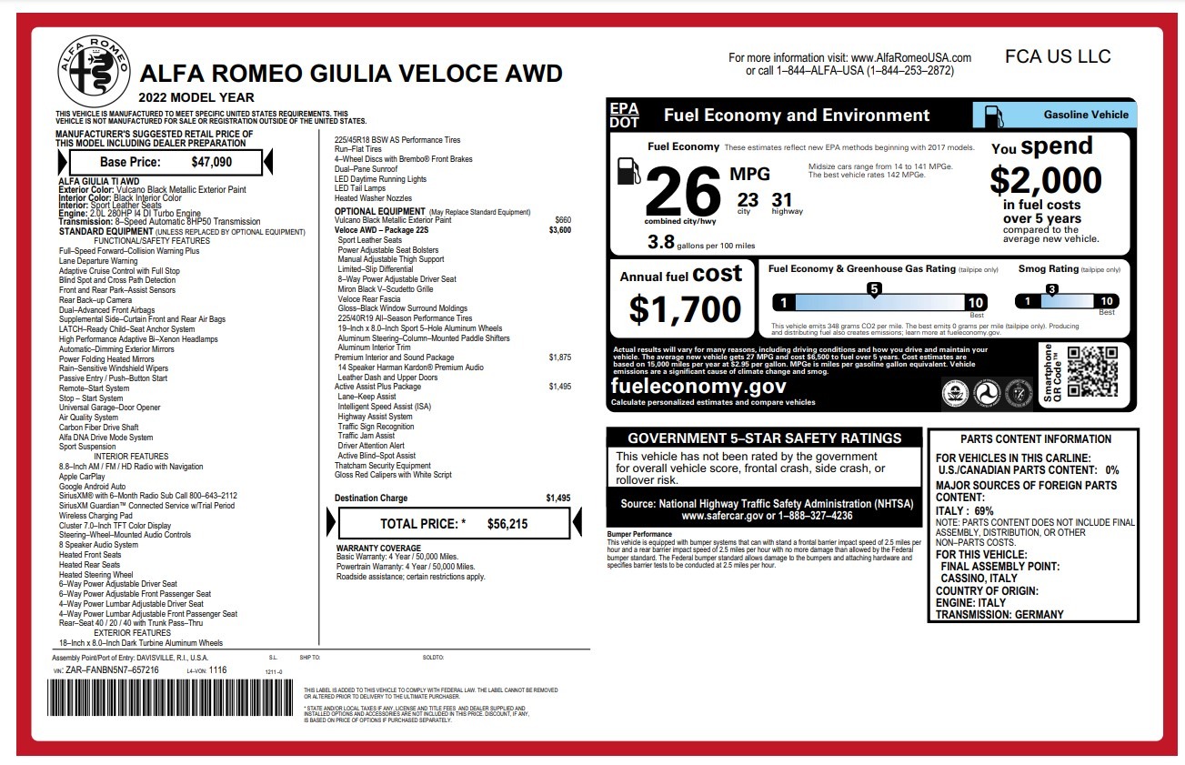 alfa romeo giulia 2022 ZARFANBN5N7657216 image alfa romeo giulia 2022 ZARFANBN5N7657216 image